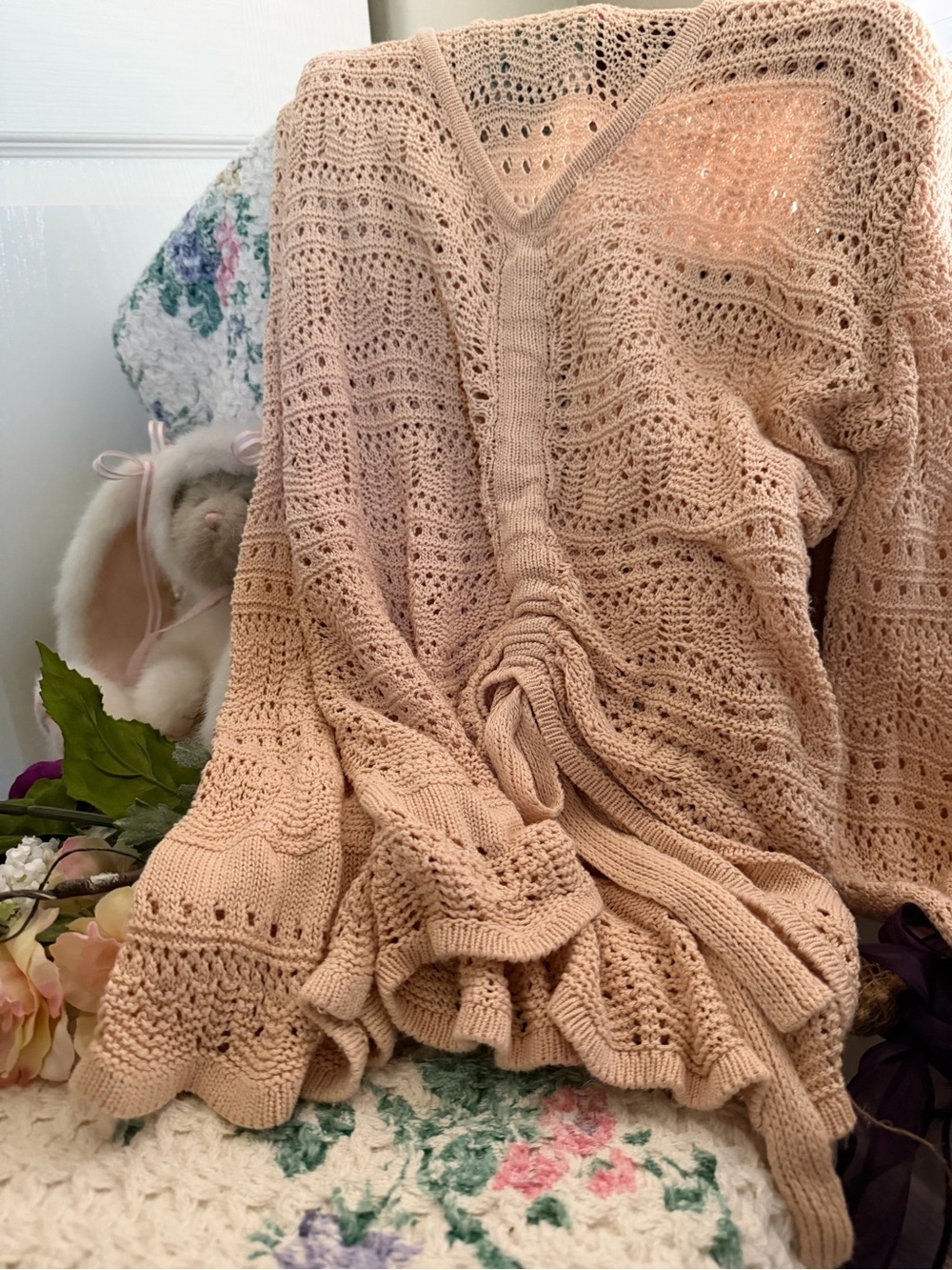 Source Unknown Peach Crochet Swim Coverup